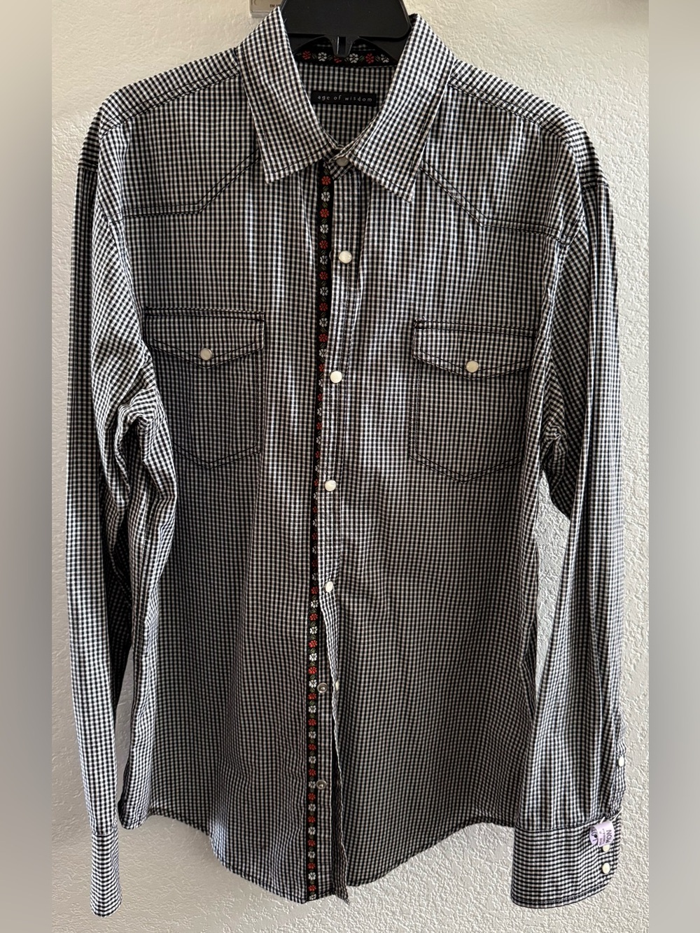 Men's Black & White Gingham Pearl Snap Button-Down Shirt with Contrast Trim